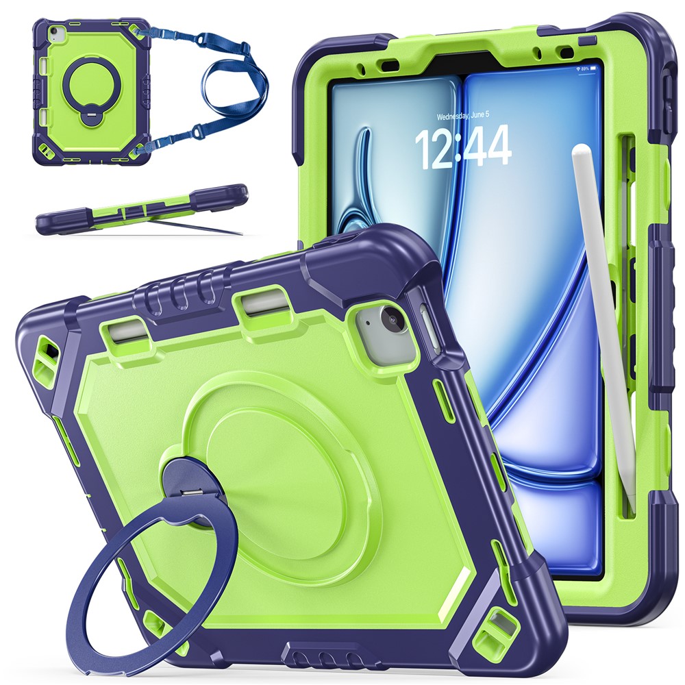 Kickstand Tablet Case for iPad Air 11 (2026) / (2025) / (2024) / Air (2022) / (2020) / Pro 11 (2022) / (2021) / (2020) / (2018) TPU + PC + Silicone Cover with Shoulder Strap - Navy Blue+Yellowgreen