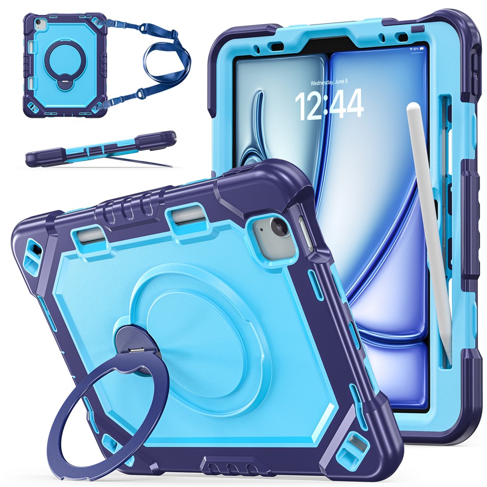Kickstand Tablet Case for iPad Air 11 (2026) / (2025) / (2024) / Air (2022) / (2020) / Pro 11 (2022) / (2021) / (2020) / (2018) TPU + PC + Silicone Cover with Shoulder Strap - Navy Blue+Blue