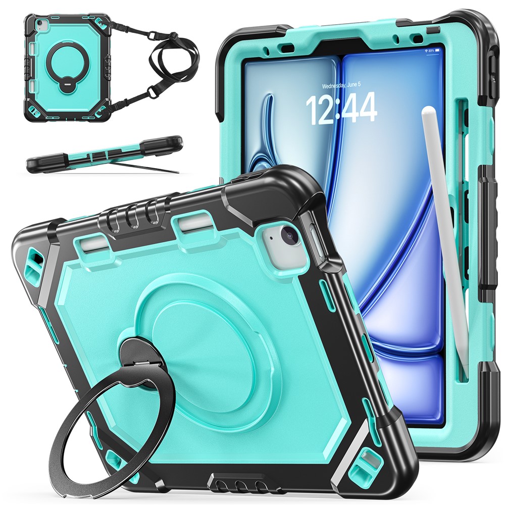 Kickstand Tablet Case for iPad Air 11 (2026) / (2025) / (2024) / Air (2022) / (2020) / Pro 11 (2022) / (2021) / (2020) / (2018) TPU + PC + Silicone Cover with Shoulder Strap - Black+Mint Green