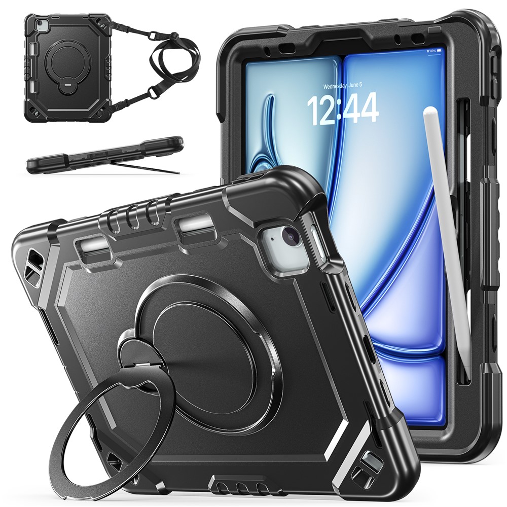 Kickstand Tablet Case for iPad Air 11 (2026) / (2025) / (2024) / Air (2022) / (2020) / Pro 11 (2022) / (2021) / (2020) / (2018) TPU + PC + Silicone Cover with Shoulder Strap - Black