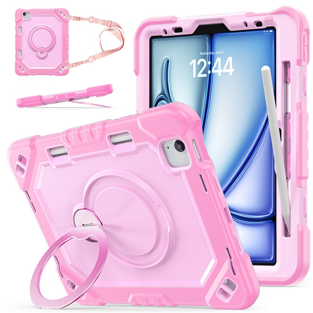 Kickstand Tablet Case for iPad Air 11 (2026) / (2025) / (2024) / Air (2022) / (2020) / Pro 11 (2022) / (2021) / (2020) / (2018) TPU + PC + Silicone Cover with Shoulder Strap - Rose Gold