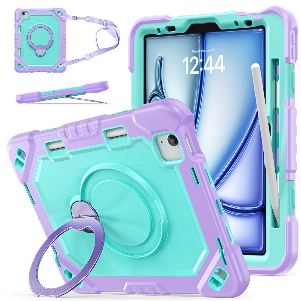 Kickstand Tablet Case for iPad Air 11 (2026) / (2025) / (2024) / Air (2022) / (2020) / Pro 11 (2022) / (2021) / (2020) / (2018) TPU + PC + Silicone Cover with Shoulder Strap - Taro Purple+Mint Green