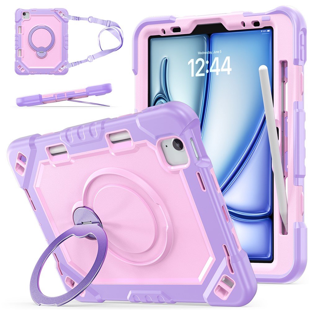 Kickstand Tablet Case for iPad Air 11 (2026) / (2025) / (2024) / Air (2022) / (2020) / Pro 11 (2022) / (2021) / (2020) / (2018) TPU + PC + Silicone Cover with Shoulder Strap - Taro Purple+Rose Gold
