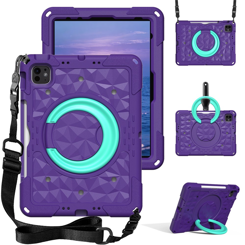 Kickstand Tablet Case For iPad Air 11 (2026) / (2025) / (2024) / iPad Pro 11 (2025) / (2024) / (2022) / (2021) / (2020) / (2018) / iPad Air (2022) / (2020) / iPad (2025) / iPad 10.9 (2022) PC + EVA Cover with Shoulder Strap - Purple / Mint Green