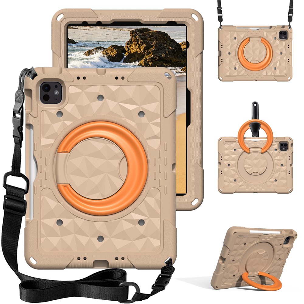 Kickstand Tablet Case For iPad Air 11 (2026) / (2025) / (2024) / iPad Pro 11 (2025) / (2024) / (2022) / (2021) / (2020) / (2018) / iPad Air (2022) / (2020) / iPad (2025) / iPad 10.9 (2022) PC + EVA Cover with Shoulder Strap - Khaki / Orange