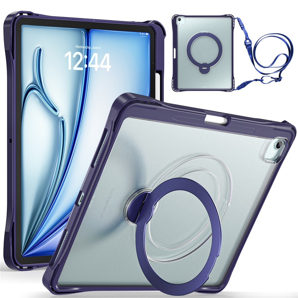 Tablet Case For iPad Air 13 (2026) / (2025) / (2024) / iPad Pro 12.9 (2022) / (2021) / (2020) / (2018) , Rotating Kickstand PC + TPU Shockproof Cover with Shoulder Strap - Navy Blue