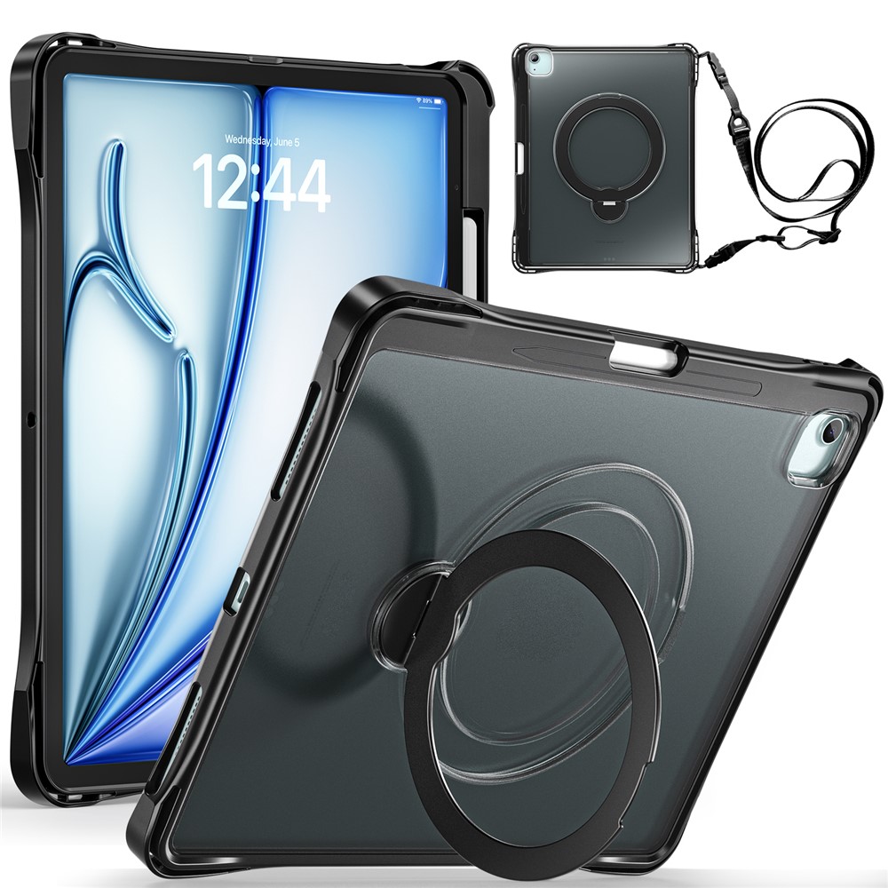 Tablet Case For iPad Air 13 (2026) / (2025) / (2024) / iPad Pro 12.9 (2022) / (2021) / (2020) / (2018) , Rotating Kickstand PC + TPU Shockproof Cover with Shoulder Strap - Black