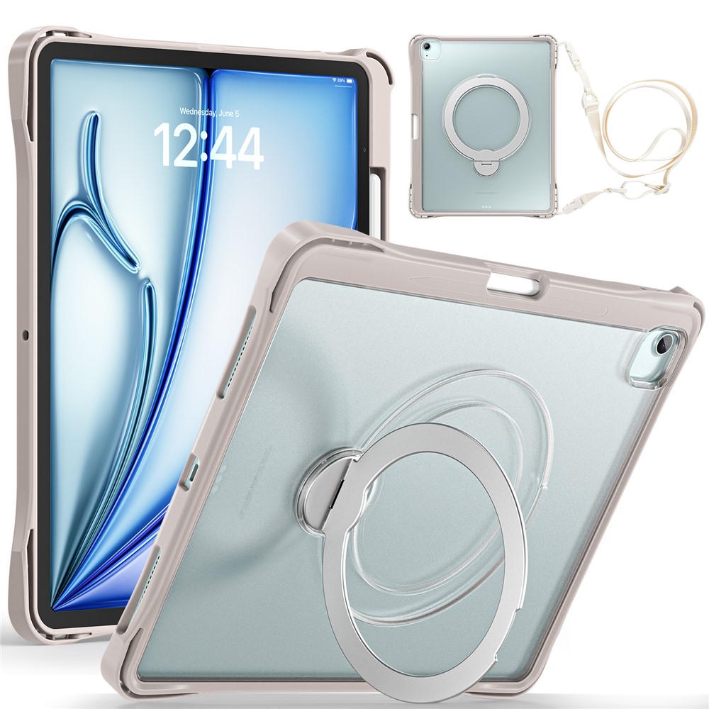 Tablet Case For iPad Air 13 (2026) / (2025) / (2024) / iPad Pro 12.9 (2022) / (2021) / (2020) / (2018) , Rotating Kickstand PC + TPU Shockproof Cover with Shoulder Strap - Khaki