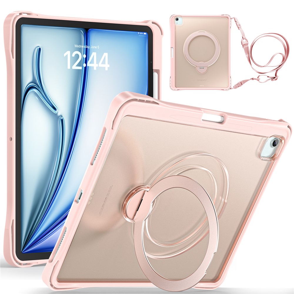 Tablet Case For iPad Air 13 (2026) / (2025) / (2024) / iPad Pro 12.9 (2022) / (2021) / (2020) / (2018) , Rotating Kickstand PC + TPU Shockproof Cover with Shoulder Strap - Pink