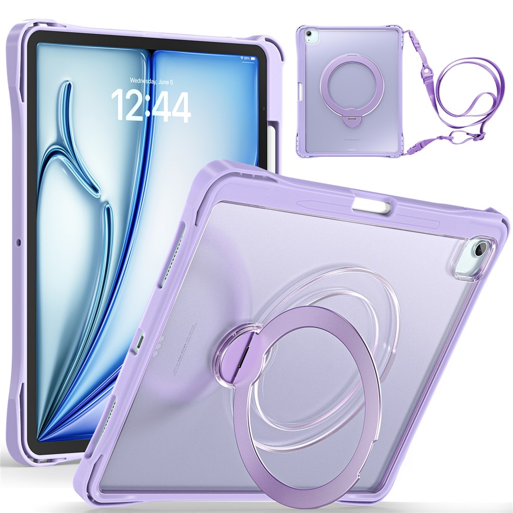 Tablet Case For iPad Air 13 (2026) / (2025) / (2024) / iPad Pro 12.9 (2022) / (2021) / (2020) / (2018) , Rotating Kickstand PC + TPU Shockproof Cover with Shoulder Strap - Purple