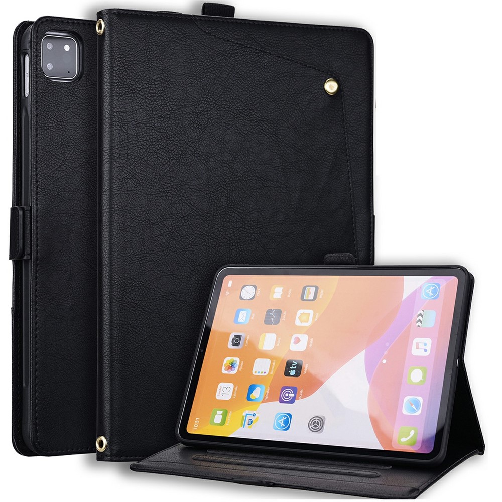 For iPad Pro 11 (2020) / Pro 11 (2021) / Pro 11 (2022) / Air (2020) / Air (2022) / Air 11 (2024) / Air 11 (2025) / Air 11 (2026) Case Front Pocket Business Leather Tablet Cover with Card Holder Stand - Black
