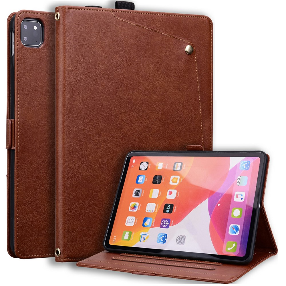 For iPad Pro 11 (2020)  /  Pro 11 (2021)  /  Pro 11 (2022)  /  Air (2020)  /  Air (2022)  /  Air 11 (2024)  /  Air 11 (2025)  /  Air 11 (2026) Case Front Pocket Business Leather Tablet Cover with Card Holder Stand - Brown