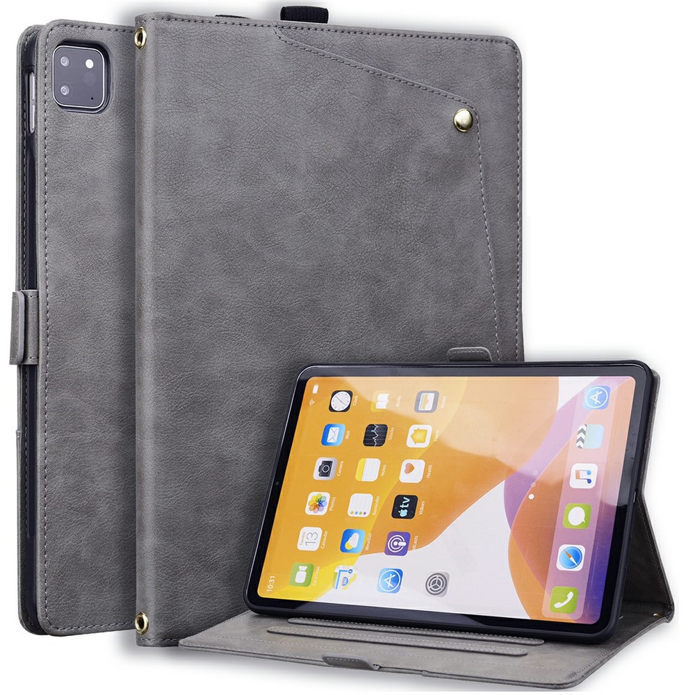 For iPad Pro 11 (2020) / Pro 11 (2021) / Pro 11 (2022) / Air (2020) / Air (2022) / Air 11 (2024) / Air 11 (2025) / Air 11 (2026) Case Front Pocket Business Leather Tablet Cover with Card Holder Stand - Grey
