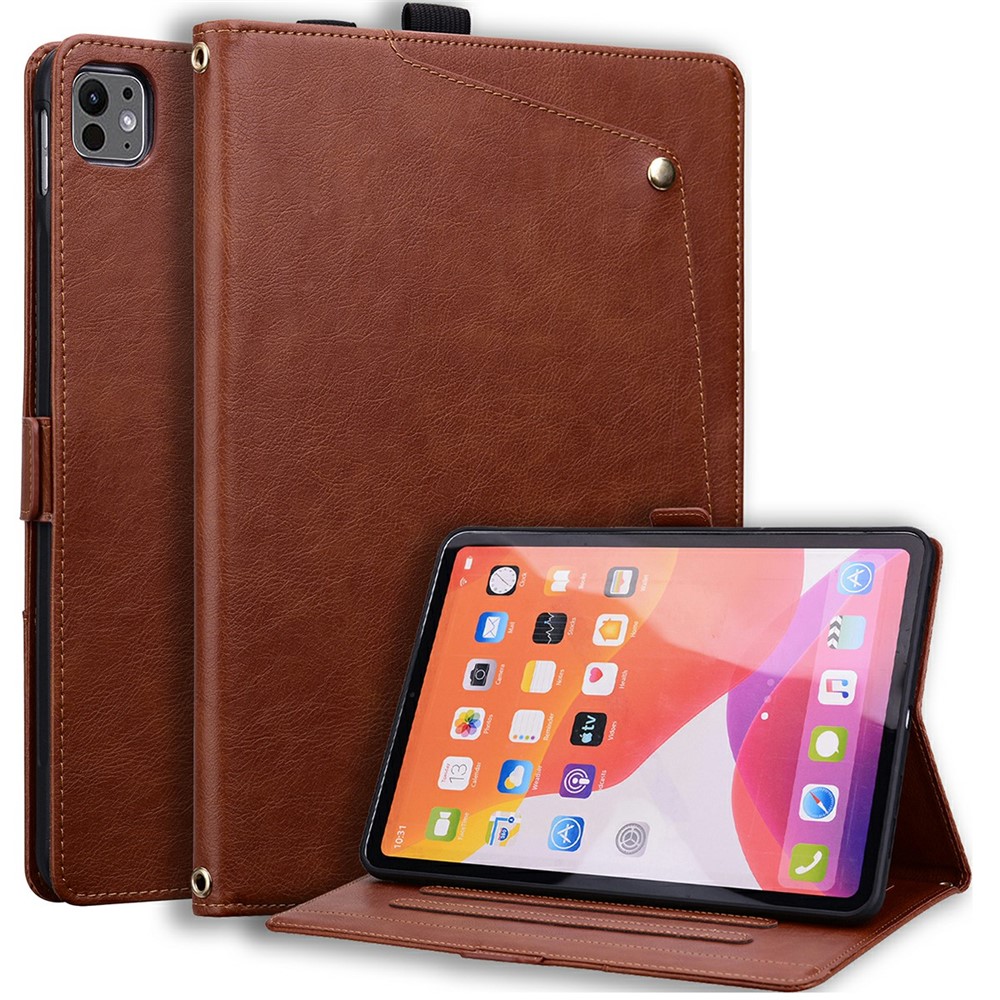 For iPad Pro 13 (2024) / (2025) Case Front Pocket Business Leather Tablet Cover with Card Holder Stand - Brown
