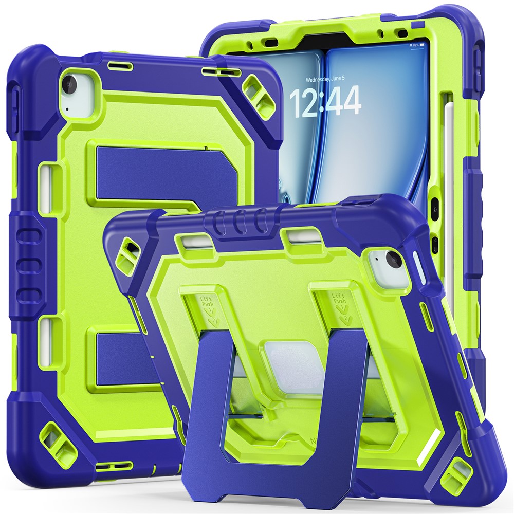 For iPad Air 11 (2026)  /  (2025)  /  (2024)  /  iPad Pro 11 (2022)  /  (2021)  /  (2020)  /  (2018)  /  Air (2022)  /  (2020) Case Kickstand PC + TPU + Silicone Tablet Cover with Pen Holder - Navy Blue+Yellowgreen