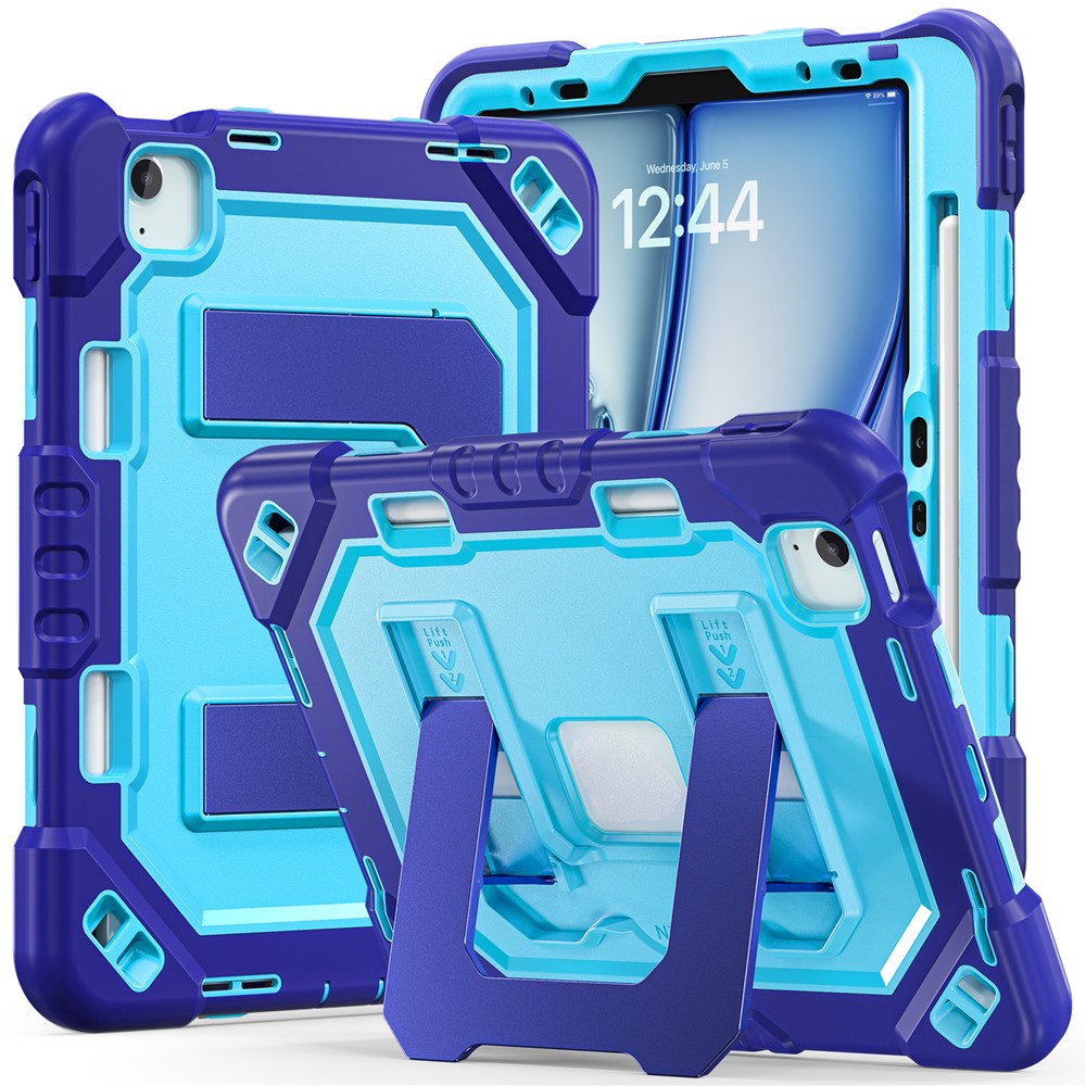 For iPad Air 11 (2026)  /  (2025)  /  (2024)  /  iPad Pro 11 (2022)  /  (2021)  /  (2020)  /  (2018)  /  Air (2022)  /  (2020) Case Kickstand PC + TPU + Silicone Tablet Cover with Pen Holder - Navy Blue+Blue