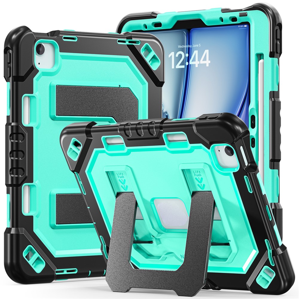 For iPad Air 11 (2026) / (2025) / (2024) / iPad Pro 11 (2022) / (2021) / (2020) / (2018) / Air (2022) / (2020) Case Kickstand PC + TPU + Silicone Tablet Cover with Pen Holder - Black+Mint Green