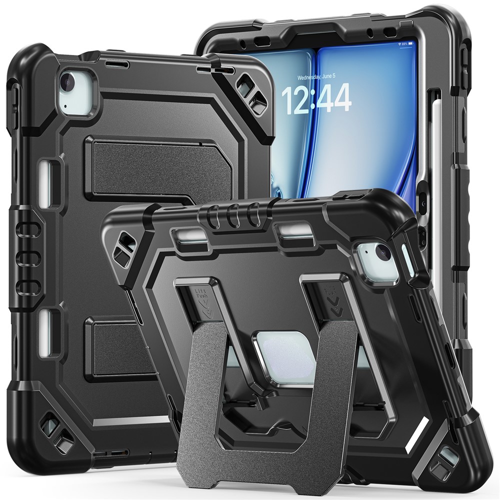 For iPad Air 11 (2026) / (2025) / (2024) / iPad Pro 11 (2022) / (2021) / (2020) / (2018) / Air (2022) / (2020) Case Kickstand PC + TPU + Silicone Tablet Cover with Pen Holder - Black