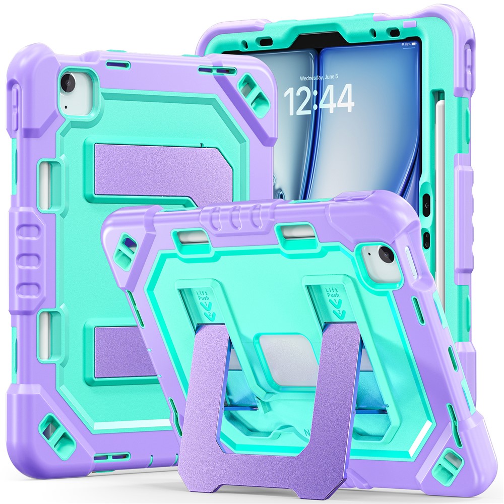 For iPad Air 11 (2026)  /  (2025)  /  (2024)  /  iPad Pro 11 (2022)  /  (2021)  /  (2020)  /  (2018)  /  Air (2022)  /  (2020) Case Kickstand PC + TPU + Silicone Tablet Cover with Pen Holder - Purple+Mint Green