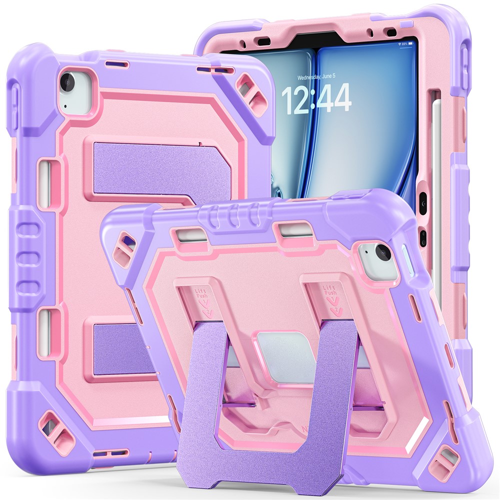 For iPad Air 11 (2026) / (2025) / (2024) / iPad Pro 11 (2022) / (2021) / (2020) / (2018) / Air (2022) / (2020) Case Kickstand PC + TPU + Silicone Tablet Cover with Pen Holder - Purple+Rose Gold