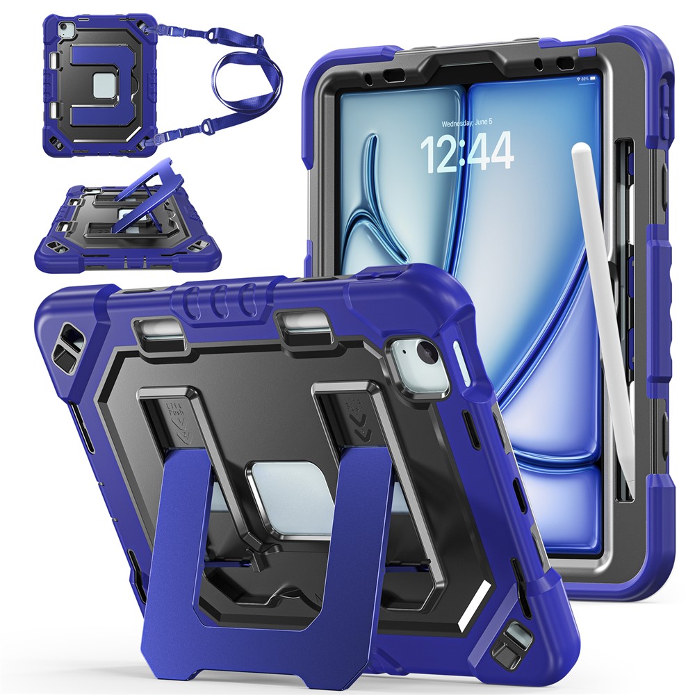 For iPad Air 11 (2026) / (2025) / (2024) / iPad Pro 11 (2022) / (2021) / (2020) / (2018) / Air (2022) / (2020) Case Shockproof PC + TPU + Silicone Protective Cover with Shoulder Strap / Pen Holder - Navy Blue+Black