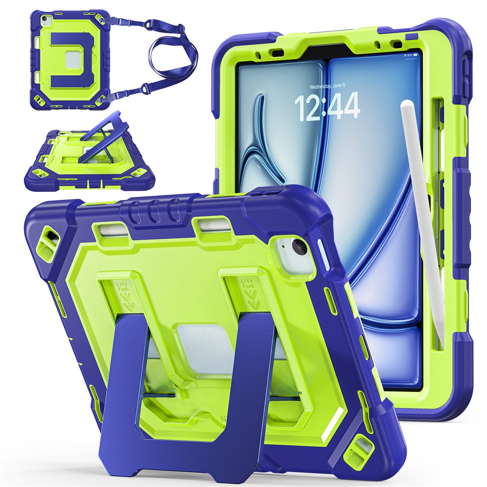 For iPad Air 11 (2026)  /  (2025)  /  (2024)  /  iPad Pro 11 (2022)  /  (2021)  /  (2020)  /  (2018)  /  Air (2022)  /  (2020) Case Shockproof PC + TPU + Silicone Protective Cover with Shoulder Strap  /  Pen Holder - Navy Blue+Yellowgreen