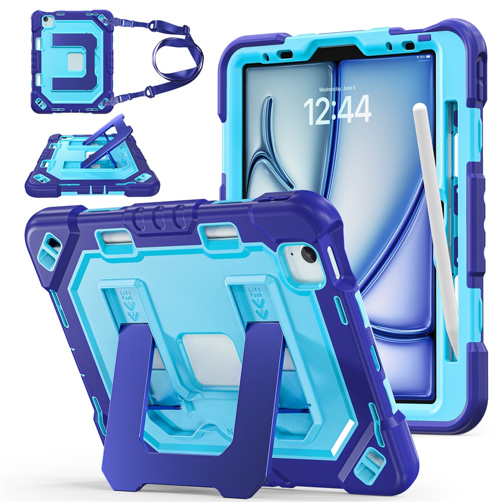 For iPad Air 11 (2026) / (2025) / (2024) / iPad Pro 11 (2022) / (2021) / (2020) / (2018) / Air (2022) / (2020) Case Shockproof PC + TPU + Silicone Protective Cover with Shoulder Strap / Pen Holder - Navy Blue+Blue