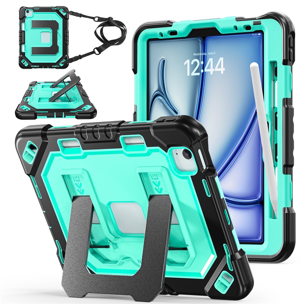 For iPad Air 11 (2026) / (2025) / (2024) / iPad Pro 11 (2022) / (2021) / (2020) / (2018) / Air (2022) / (2020) Case Shockproof PC + TPU + Silicone Protective Cover with Shoulder Strap / Pen Holder - Black+Mint Green