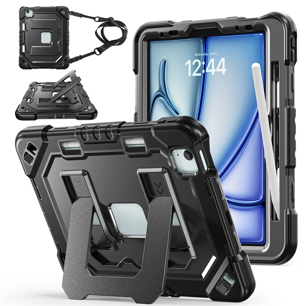 For iPad Air 11 (2026)  /  (2025)  /  (2024)  /  iPad Pro 11 (2022)  /  (2021)  /  (2020)  /  (2018)  /  Air (2022)  /  (2020) Case Shockproof PC + TPU + Silicone Protective Cover with Shoulder Strap  /  Pen Holder - Black