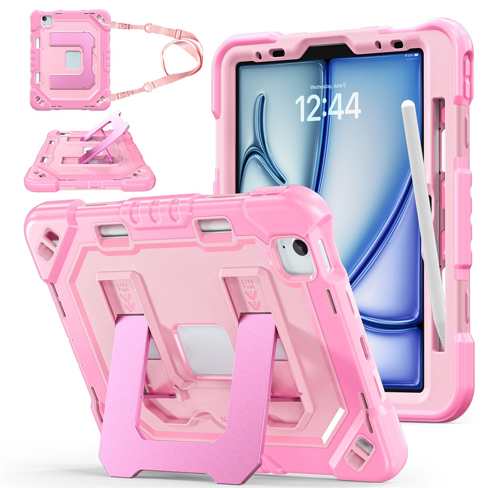 For iPad Air 11 (2026)  /  (2025)  /  (2024)  /  iPad Pro 11 (2022)  /  (2021)  /  (2020)  /  (2018)  /  Air (2022)  /  (2020) Case Shockproof PC + TPU + Silicone Protective Cover with Shoulder Strap  /  Pen Holder - Rose Gold