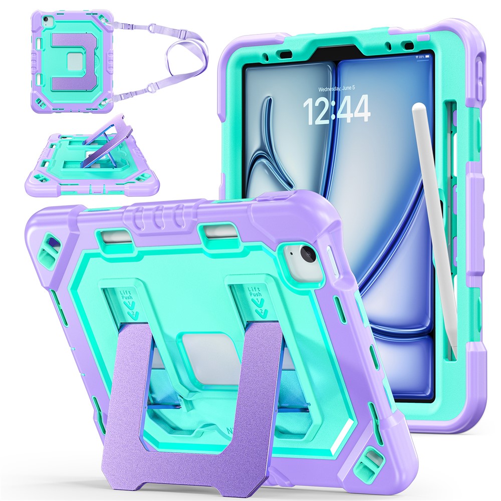 For iPad Air 11 (2026) / (2025) / (2024) / iPad Pro 11 (2022) / (2021) / (2020) / (2018) / Air (2022) / (2020) Case Shockproof PC + TPU + Silicone Protective Cover with Shoulder Strap / Pen Holder - Purple+Mint Green