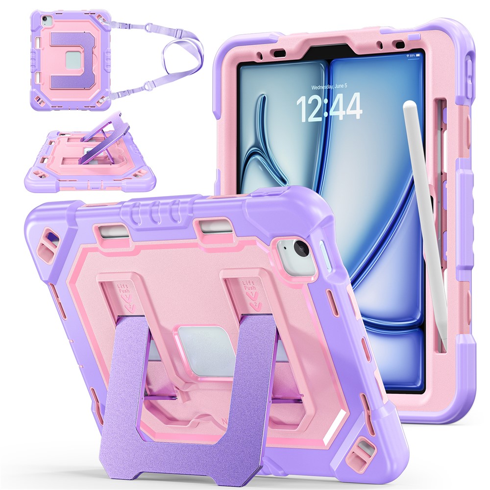 For iPad Air 11 (2026) / (2025) / (2024) / iPad Pro 11 (2022) / (2021) / (2020) / (2018) / Air (2022) / (2020) Case Shockproof PC + TPU + Silicone Protective Cover with Shoulder Strap / Pen Holder - Purple+Rose Gold