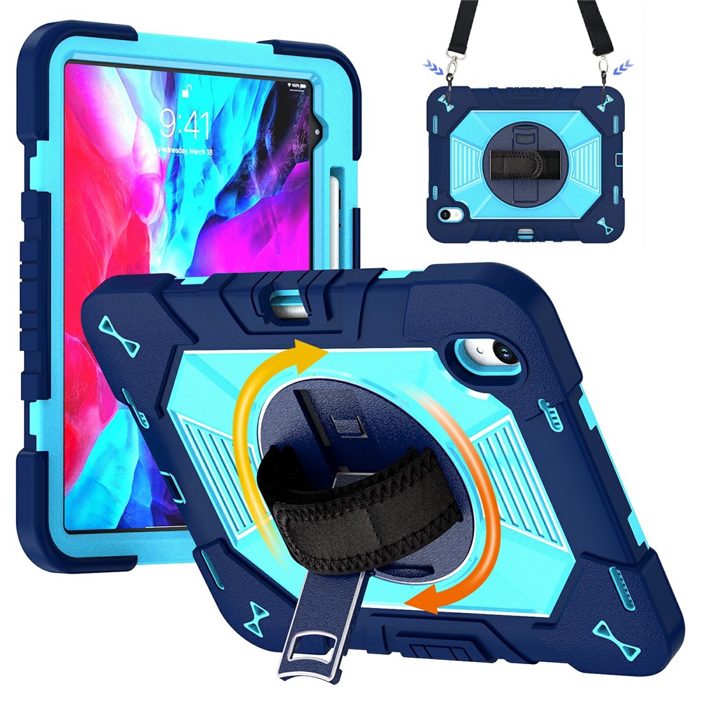 Tablet Case For iPad Air 11 (2026) / (2025) / (2024) Kickstand PC + Silicone Shockproof Cover with Hand Strap / Shoulder Strap - Navy Blue+Sky Blue