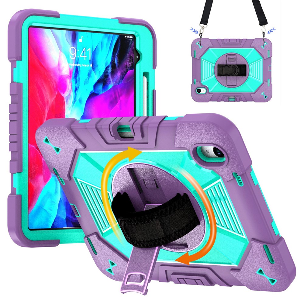 Tablet Case For iPad Air 11 (2026) / (2025) / (2024) Kickstand PC + Silicone Shockproof Cover with Hand Strap / Shoulder Strap - Purple+Mint Green