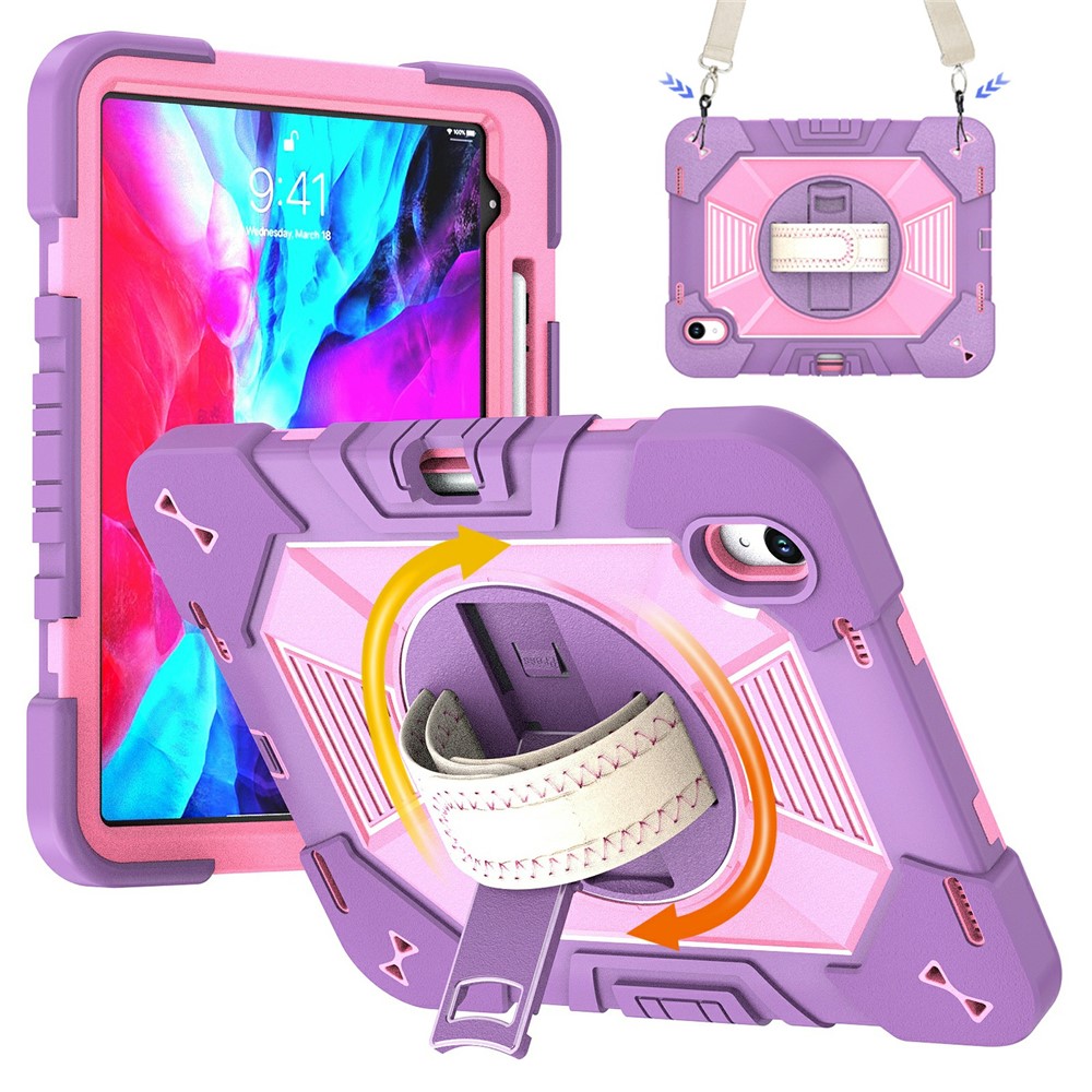 Tablet Case For iPad Air 11 (2026) / (2025) / (2024) Kickstand PC + Silicone Shockproof Cover with Hand Strap / Shoulder Strap - Purple+Pink