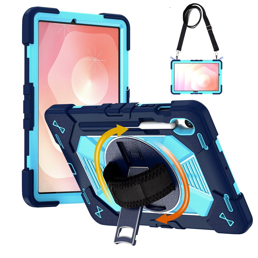 Tablet Case For Samsung Galaxy Tab S10 / Tab S10 FE / Tab S10 Lite / Tab S9 / Tab S9 FE Kickstand PC + Silicone Shockproof Cover with Hand Strap / Shoulder Strap - Navy Blue+Sky Blue