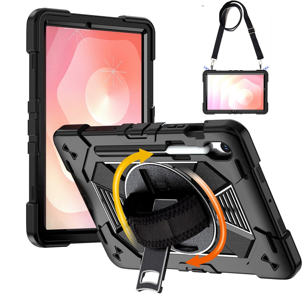 Tablet Case For Samsung Galaxy Tab S10 / Tab S10 FE / Tab S10 Lite / Tab S9 / Tab S9 FE Kickstand PC + Silicone Shockproof Cover with Hand Strap / Shoulder Strap - Black