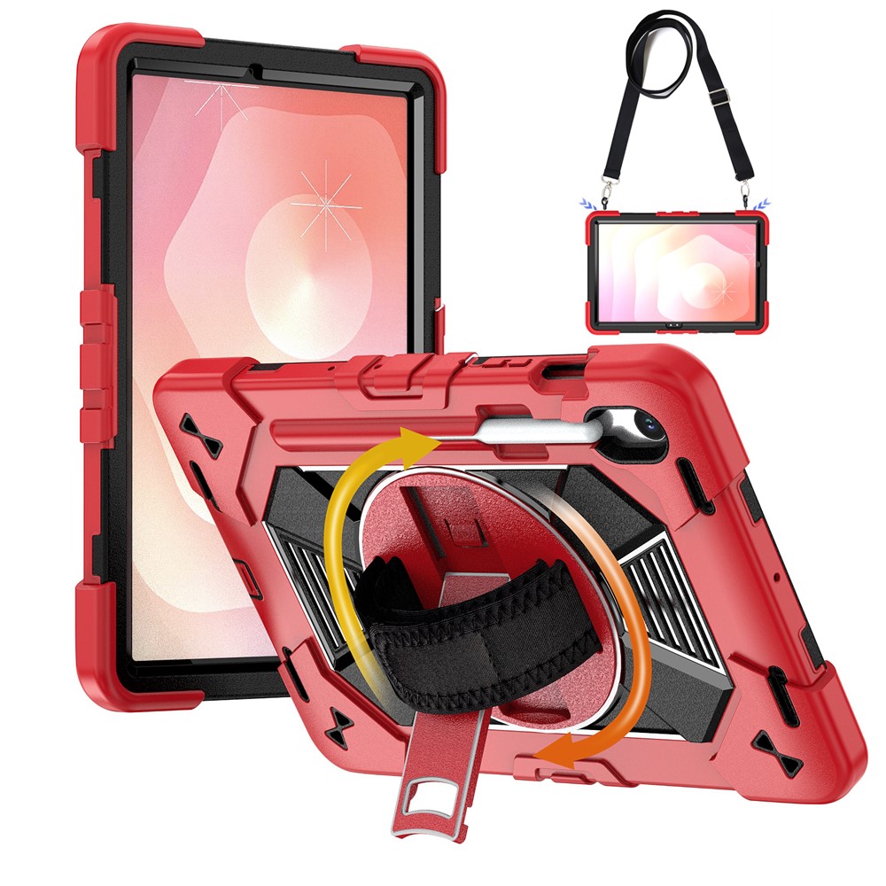 Tablet Case For Samsung Galaxy Tab S10 / Tab S10 FE / Tab S10 Lite / Tab S9 / Tab S9 FE Kickstand PC + Silicone Shockproof Cover with Hand Strap / Shoulder Strap - Red+Black