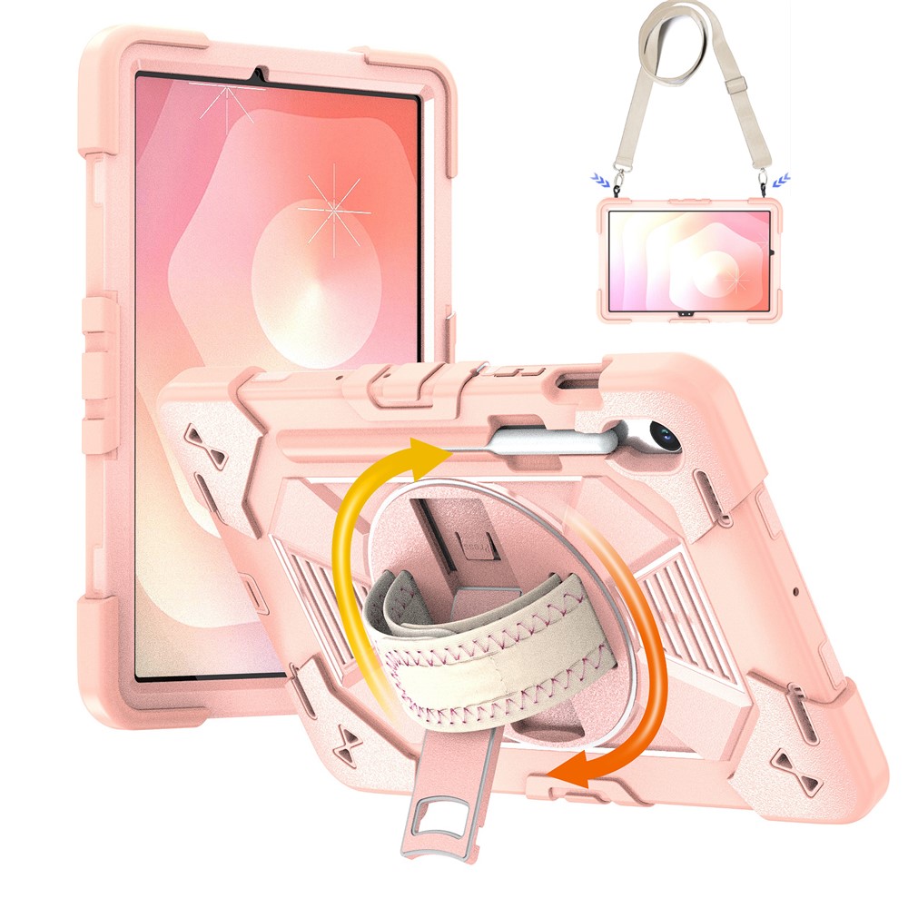 Tablet Case For Samsung Galaxy Tab S10 / Tab S10 FE / Tab S10 Lite / Tab S9 / Tab S9 FE Kickstand PC + Silicone Shockproof Cover with Hand Strap / Shoulder Strap - Rose Gold