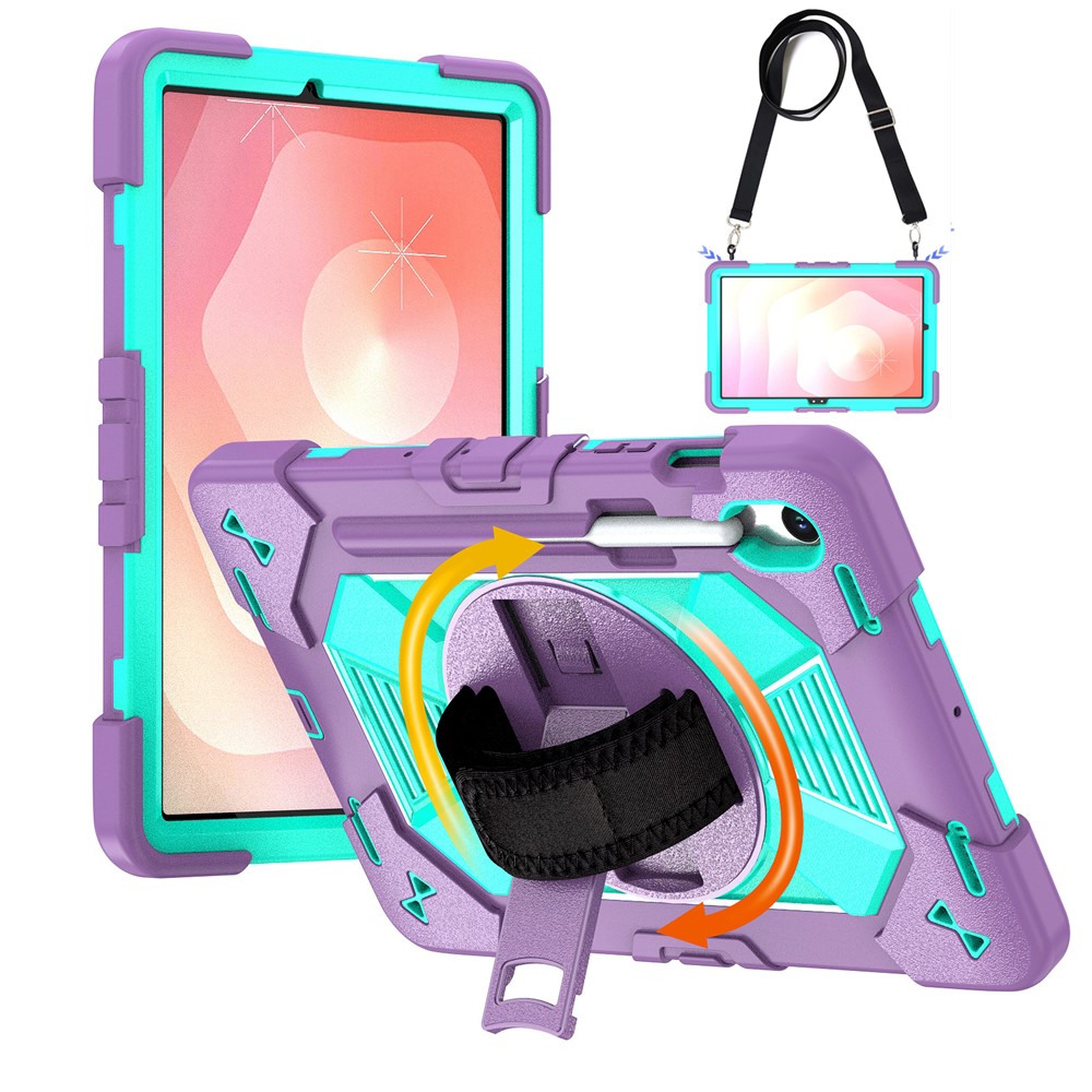 Tablet Case For Samsung Galaxy Tab S10 / Tab S10 FE / Tab S10 Lite / Tab S9 / Tab S9 FE Kickstand PC + Silicone Shockproof Cover with Hand Strap / Shoulder Strap - Purple+Mint Green