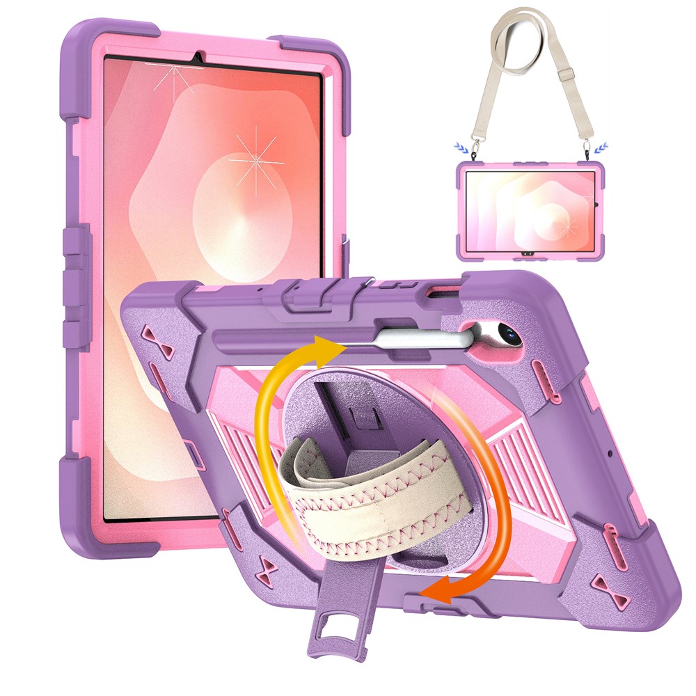 Tablet Case For Samsung Galaxy Tab S10 / Tab S10 FE / Tab S10 Lite / Tab S9 / Tab S9 FE Kickstand PC + Silicone Shockproof Cover with Hand Strap / Shoulder Strap - Purple+Pink