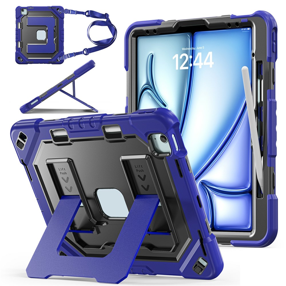 Tablet Case For iPad Air 13 (2026) / (2025) / (2024) / iPad Pro 12.9 (2022) / (2021) / (2020) / (2018) Shockproof PC + TPU + Silicone Protective Cover with Shoulder Strap / Pen Holder - Navy Blue+Black