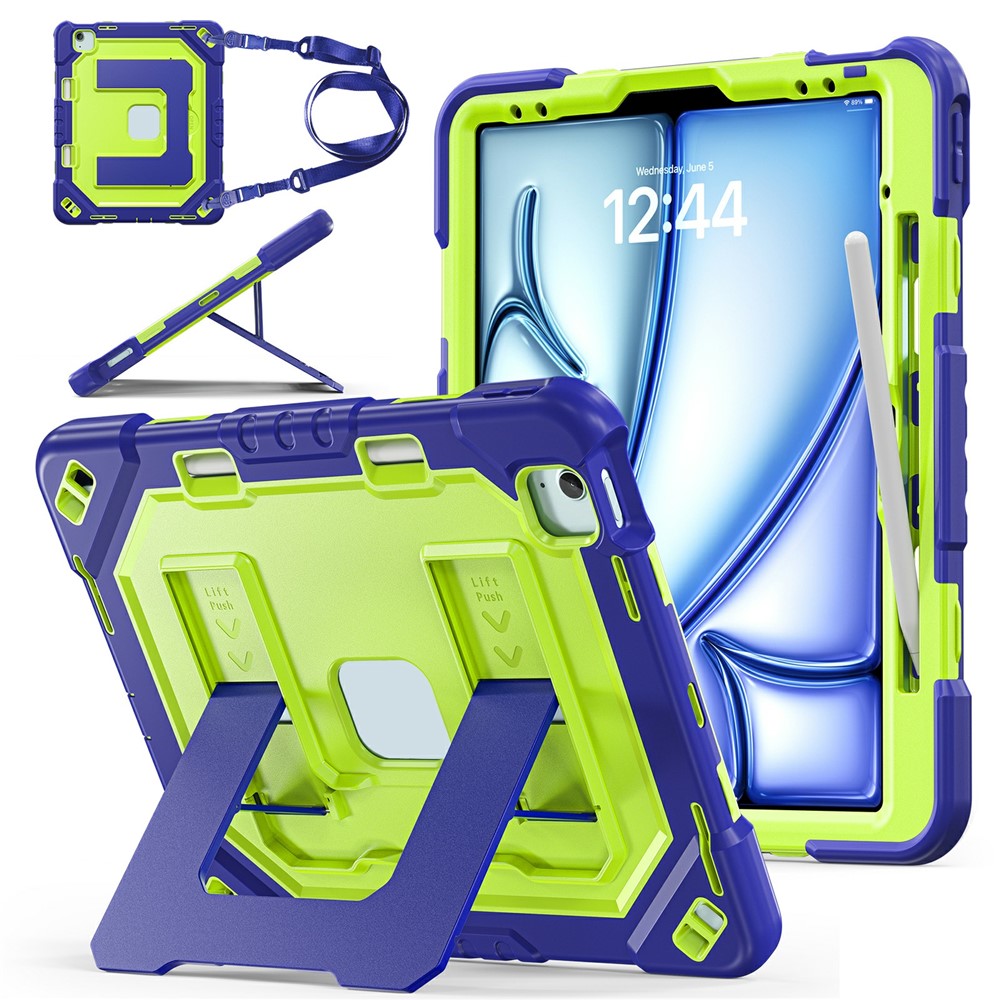 Tablet Case For iPad Air 13 (2026) / (2025) / (2024) / iPad Pro 12.9 (2022) / (2021) / (2020) / (2018) Shockproof PC + TPU + Silicone Protective Cover with Shoulder Strap / Pen Holder - Navy Blue+Yellowgreen