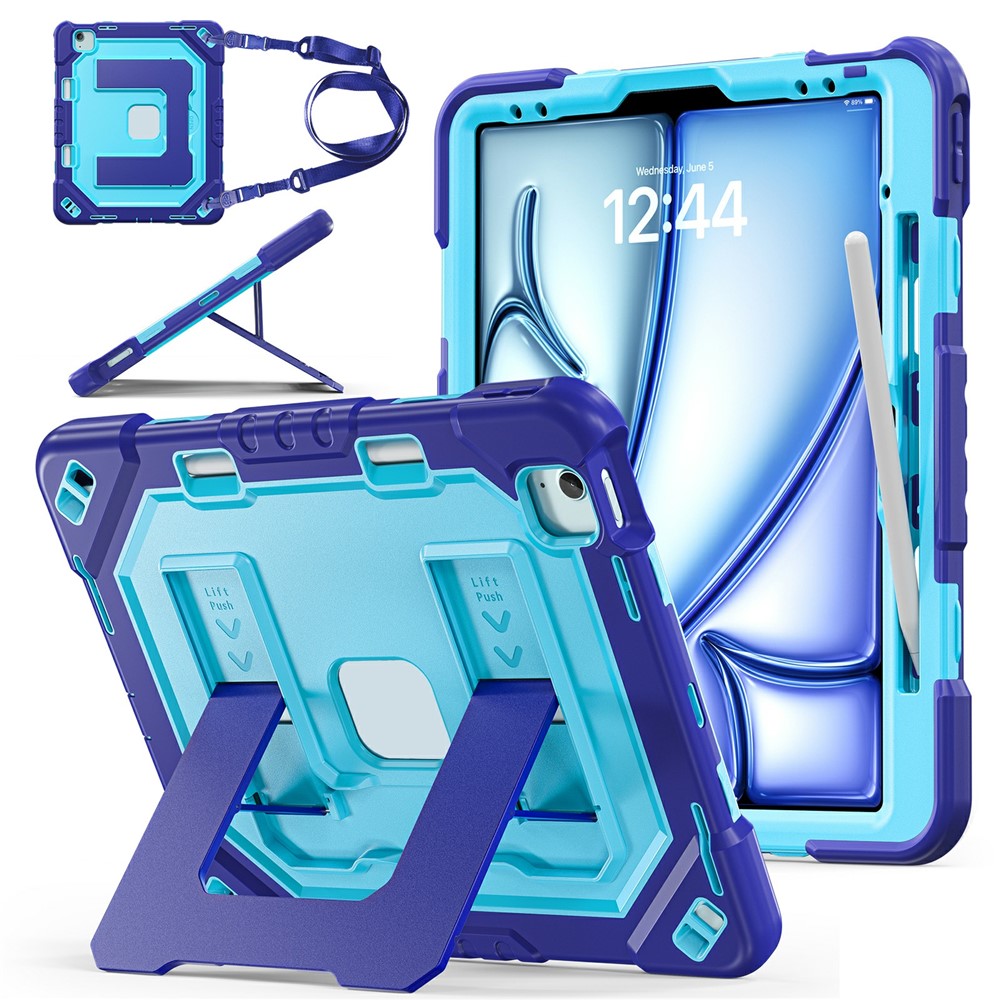 Tablet Case For iPad Air 13 (2026) / (2025) / (2024) / iPad Pro 12.9 (2022) / (2021) / (2020) / (2018) Shockproof PC + TPU + Silicone Protective Cover with Shoulder Strap / Pen Holder - Navy Blue+Blue