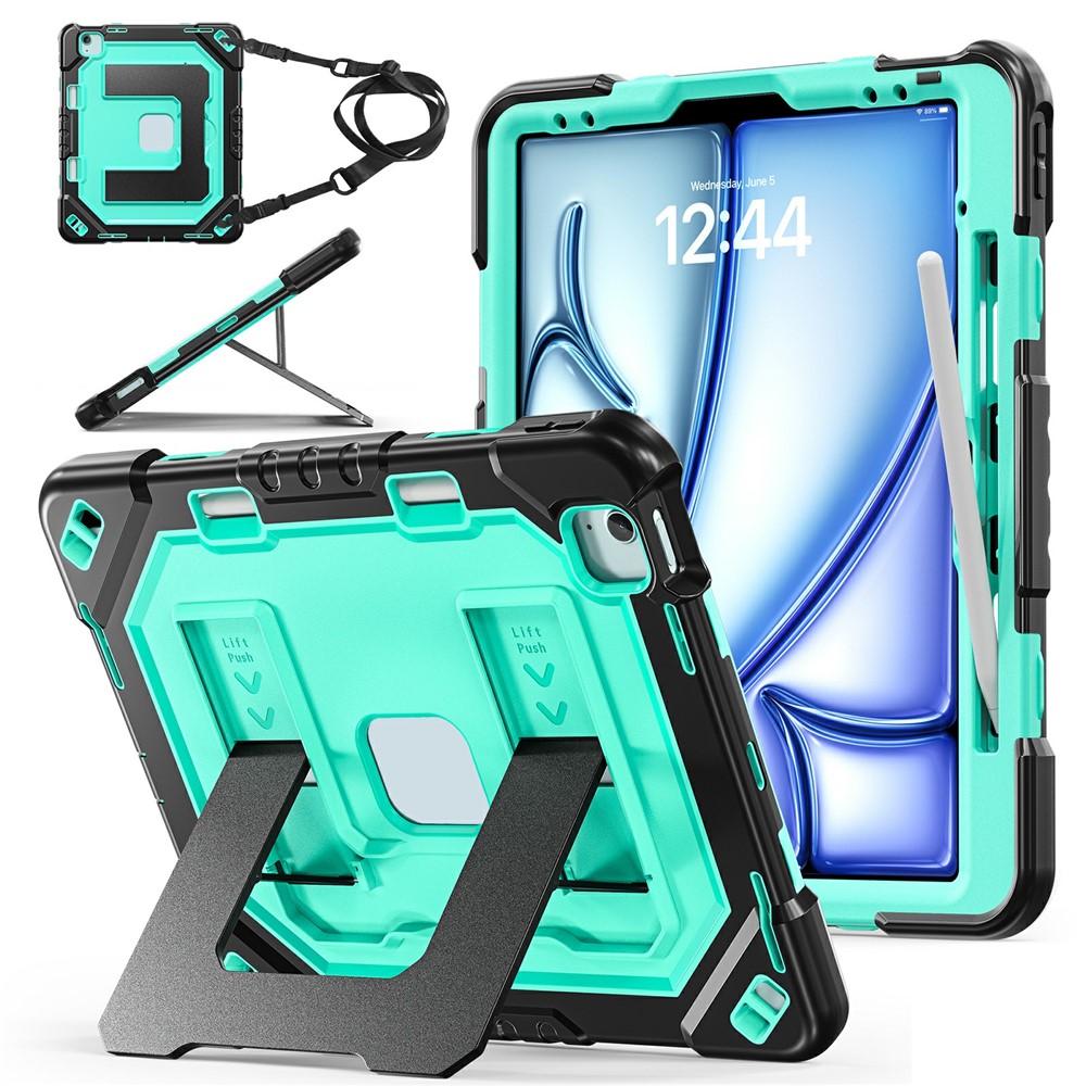 Tablet Case For iPad Air 13 (2026) / (2025) / (2024) / iPad Pro 12.9 (2022) / (2021) / (2020) / (2018) Shockproof PC + TPU + Silicone Protective Cover with Shoulder Strap / Pen Holder - Black+Mint Green