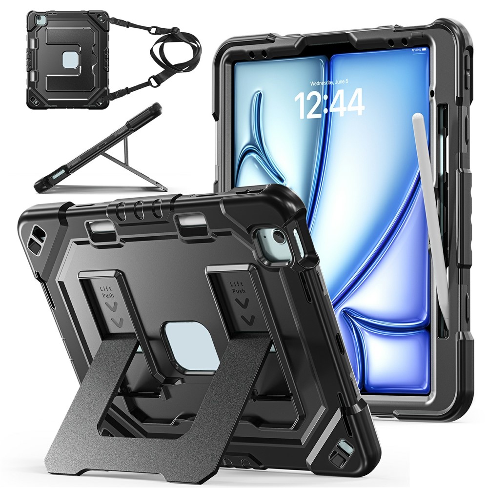 Tablet Case For iPad Air 13 (2026) / (2025) / (2024) / iPad Pro 12.9 (2022) / (2021) / (2020) / (2018) Shockproof PC + TPU + Silicone Protective Cover with Shoulder Strap / Pen Holder - Black