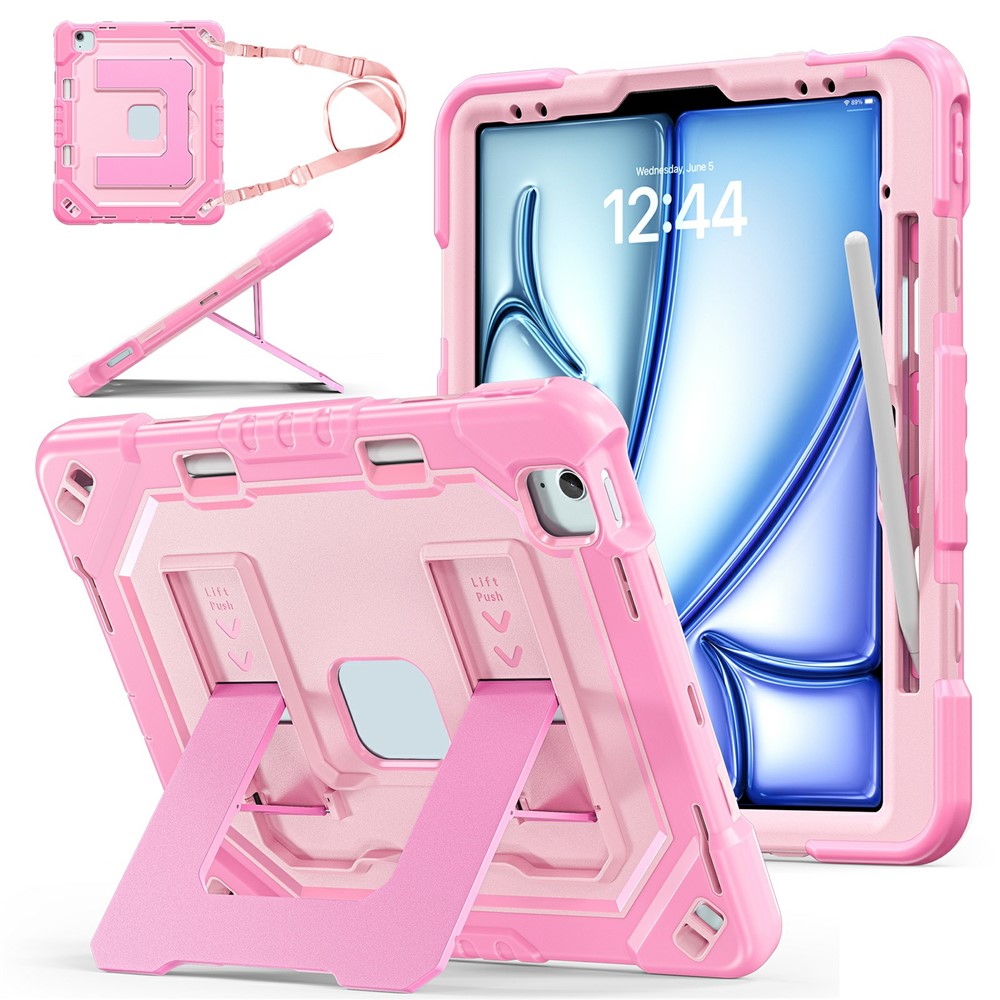 Tablet Case For iPad Air 13 (2026) / (2025) / (2024) / iPad Pro 12.9 (2022) / (2021) / (2020) / (2018) Shockproof PC + TPU + Silicone Protective Cover with Shoulder Strap / Pen Holder - Rose Gold