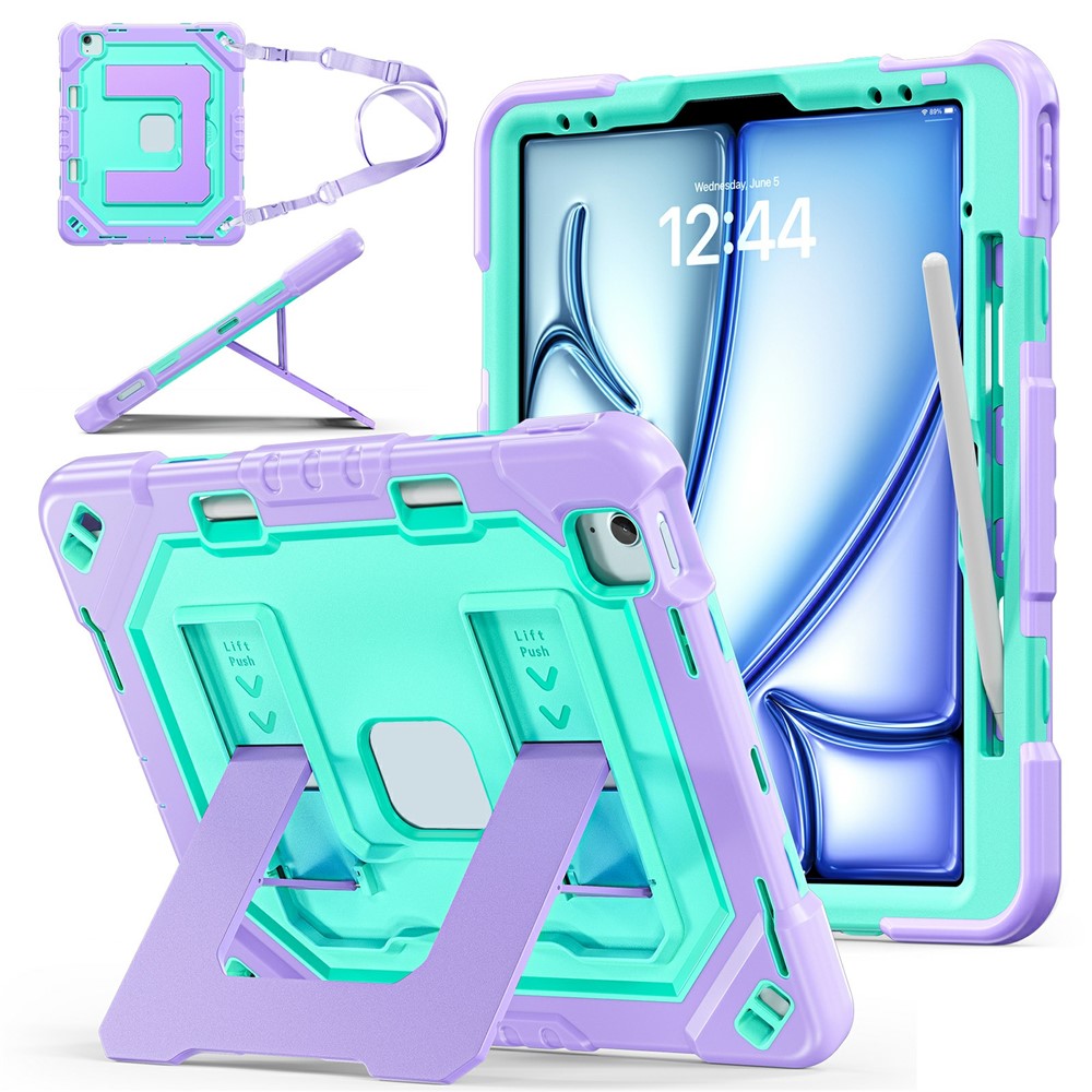 Tablet Case For iPad Air 13 (2026) / (2025) / (2024) / iPad Pro 12.9 (2022) / (2021) / (2020) / (2018) Shockproof PC + TPU + Silicone Protective Cover with Shoulder Strap / Pen Holder - Purple+Mint Green