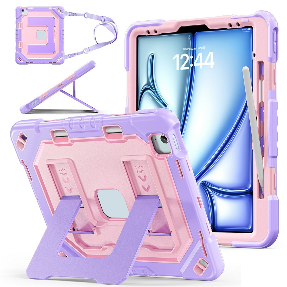 Tablet Case For iPad Air 13 (2026) / (2025) / (2024) / iPad Pro 12.9 (2022) / (2021) / (2020) / (2018) Shockproof PC + TPU + Silicone Protective Cover with Shoulder Strap / Pen Holder - Purple+Rose Gold