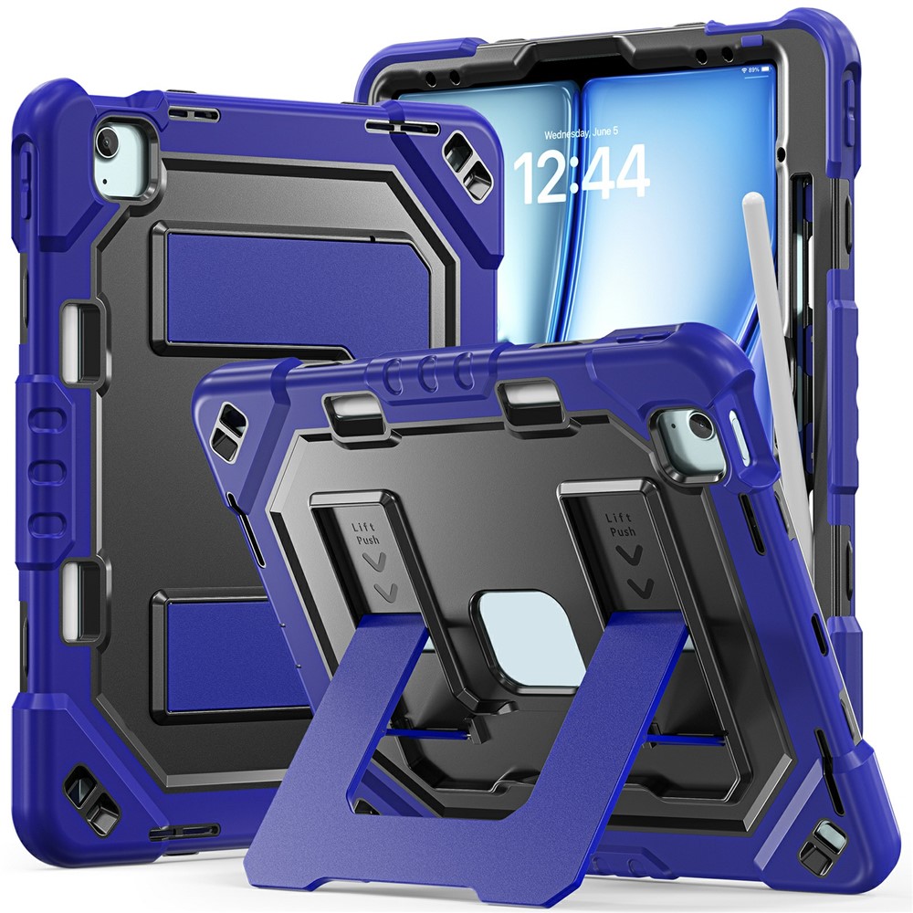 Tablet Case For iPad Air 13 (2026) / (2025) / (2024) / iPad Pro 12.9 (2022) / (2021) / (2020) / (2018) Kickstand PC + TPU + Silicone Cover with Pen Holder - Navy Blue+Black